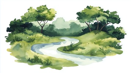 A set of watercolor of a serene river winding through a lush forest, capturing the tranquility of nature, Clipart isolated minimal with white background 