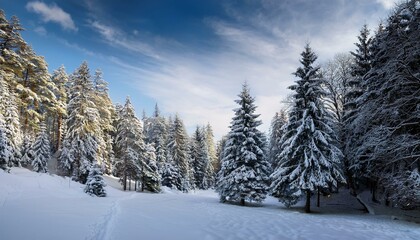 Obraz premium Snowy nordic forest landscape, against blue sky on a sunny winter day
