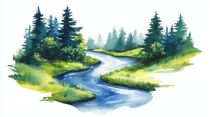 A set of watercolor of a serene river winding through a lush forest, capturing the tranquility of nature, Clipart isolated minimal with white background 