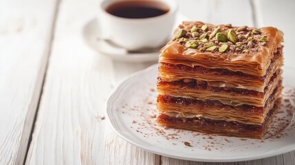 Pistachio baklava on a white wooden table, close-up, delicate layers, and sweet syrup
