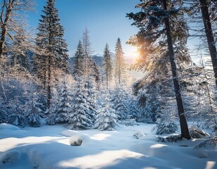 Obraz premium Snowy nordic forest landscape, against blue sky on a sunny winter day