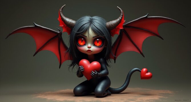A playful succubus with tiny bat wings and a heart-shaped tail flutters around, her glowing red eyes flashing as she giggles while holding a love letter. Beside her, an incubus tries to look seductive