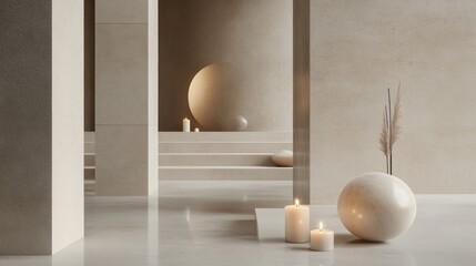 Serene Minimalist Interior with Candles and Sculptural Objects