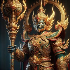 Fototapeta premium Majestic Southeast Asian Guardian: A Hyper-Realistic Depiction of a Mythical Warrior in Elaborate Armor, Wielding a Sacred Staff, Surrounded by Flames and Radiant Energy, Reflecting Traditional Artist