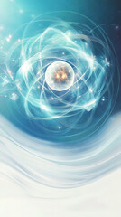 Abstract Art Image of an Atomic Structure, Featuring Blue and White Color Palette, Central Glowing Sphere with Radial Lines, Evoking a Dynamic Rotation