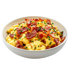 scrambled egg with bacon and sourdough bread for breakfast isolated on transparent background