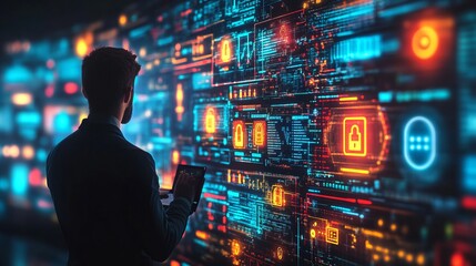 Cybersecurity expert working in a high-tech control room, analyzing data breaches, futuristic interface with digital locks, secure online environment, high-resolution, professional and clean design