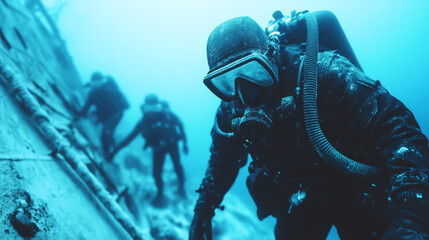 Underwater divers exploring a submerged environment, showcasing marine life and wreckage. Stunning blue hues create an immersive aquatic atmosphere for adventure seekers.