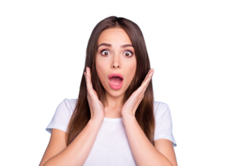 Close-up portrait of her she nice-looking attractive afraid worried feminine straight-haired lady opened mouth scary news isolated over bright vivid shine blue green teal turquoise background