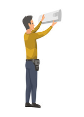 Air conditioner service technician working, flat vector illustration isolated on white background. Cooling system repair, cleaning, maintenance and installation.