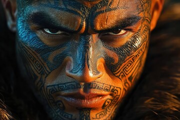 Close-up of a man's face with intricate blue and black tribal tattoos.