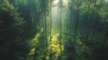 Serene forest clearing with sunlight streaming through tall trees, soft green moss underfoot, peaceful aura, warm tones, aerial view