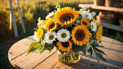 Bouquet of cheerful sunflowers and daisies on rustic wooden table, summer background