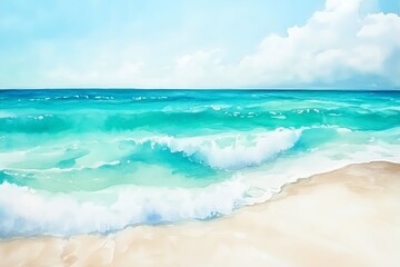 Abstract watercolor turquoise ocean beach for textures. Fresh, cheerful and relaxing summer concept. Positive and healthy tones to background or wallpaper. 