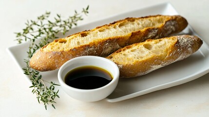 Two slices of crusty bread on a white plate with a small bowl of dark liquid and a sprig of thyme.