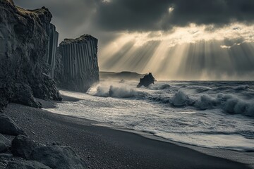 A black sand beach along rugged coast with large basalt columns rising from the shore