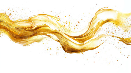 A golden wavy line with shining drops and splashes on a white background, hand-drawn.  A brilliant luxurious golden textured brush stroke. An elegant element for the design