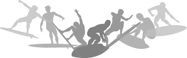 Surfers Surfing on their Surf Boards Silhouette set. Active sports people healthy players fitness silhouettes concept.