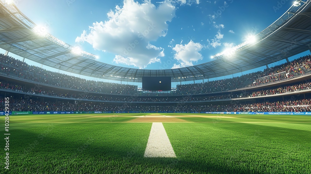 Wall mural Cricket stadium with bowler middelivery, packed stands, 3D illustration