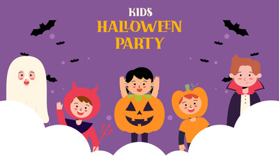 Halloween Kids Party Welcome Banner. Cute Boys and Girls Wear Halloween Horror and Monster Costume Illustration