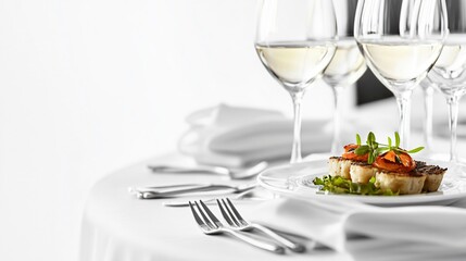 White wine and scallops on a white tablecloth with silver forks.