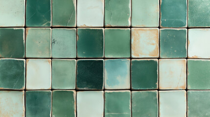 A pattern of square ceramic tiles in various shades of green with a distressed and weathered appearance, showing visible wear and patina.