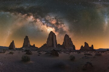 A breathtaking shot of the Milky Way stretching across the night sky above a rugged desert