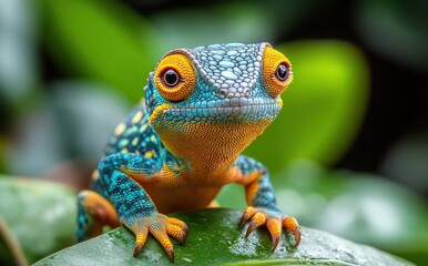 Obraz premium Close-Up Portrait of a Chameleon on a Tree Branch in the Forest – Green and Yellow Colors with Spiral Patterns