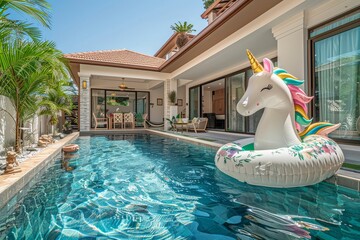 Stunning luxury bungalow villa with a private pool, inflatable unicorn, and tropical garden, perfect for a vacation in Phuket, Thailand.