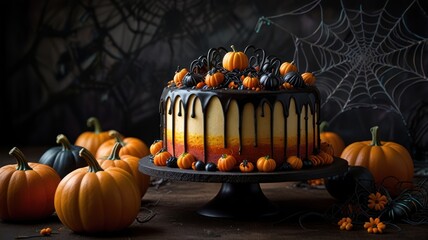 A delicious chocolate cake decorated with black and orange fondant pumpkins and spiders, drizzled with chocolate and surrounded by mini pumpkins for a Halloween celebration.
