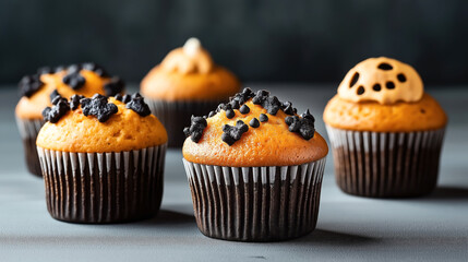 Halloween-themed cupcakes with orange frosting and black decorative elements on a dark background