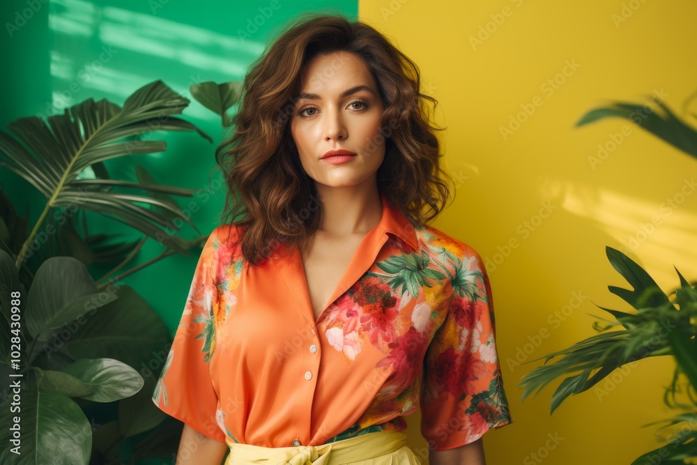 Poster A woman in a floral shirt and yellow skirt poses in front of a green background