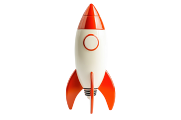 Retro toy rocket with white body and red fins, isolated, white background. PNG transparent.