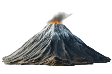 Realistic volcano with snow-capped peaks and rugged terrain, white background. PNG transparent.