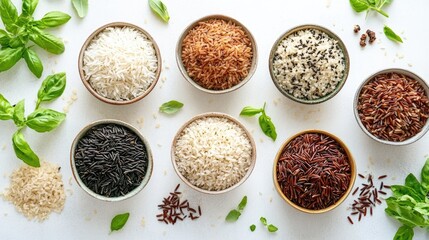 Variety of Rice in Bowls with Fresh Herbs Decor