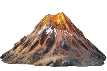 Realistic volcano with snow-capped peaks and rugged terrain, white background. PNG transparent.