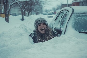 A woman is stuck in snow, laughing. She's in the snow after a blizzard, looking happy despite the situation.