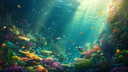 Fototapeta premium Vibrant Underwater Coral Reef Scene with Tropical Fish Swimming in Sunlit Blue Ocean Waters with Golden Light Rays