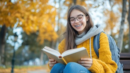 Fototapeta premium Happy Girl Reading Book in Autumn Park Scene