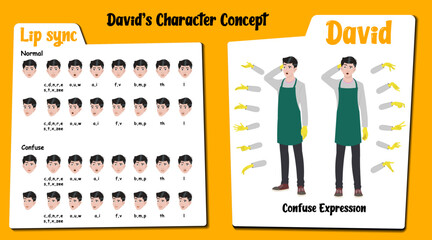 A confused housekeeper cartoon character AKA David. Confused face expressions and lip sync. Set of caretaker with various hand gesture and front and 1/3 standing poses.