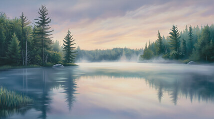Serene misty lake surrounded by evergreen forest with calm water reflections at dawn for nature wellness meditation