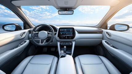 Modern Car Interior with Luxurious Leather Seats and High-Tech Dashboard in Sunlit Environment