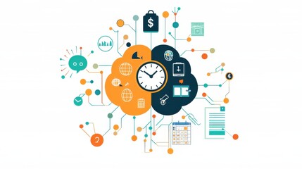 Fototapeta premium Mind Map to Success: A floating brain with neural connections branching out into different directions, each one leading to symbols like a clock, a dollar sign, and a calendar