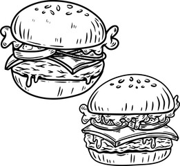 Set of hand drawn hamburger, burger. Set of doodle style hamburger, burger. Vector illustration