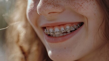Obraz premium Smiling Girl with Braces and Freckles in Natural Light