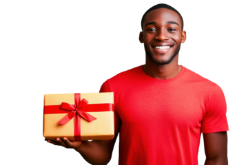 Man in red shirt holding a gift box with a red ribbon, white background. PNG transparent.