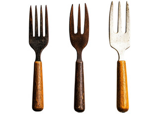 Three vintage kitchen forks with wooden handles, showcasing rustic and traditional cooking tools, isolated on white background PNG transparent.