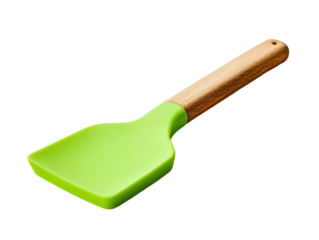 Green silicone spatula with a long wooden handle, essential kitchen tool, isolated on white background PNG transparent.
