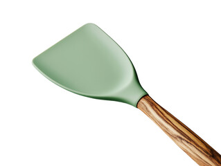 Green silicone spatula with a long wooden handle, essential kitchen tool, isolated on white background PNG transparent.