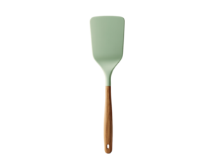 Green silicone spatula with a long wooden handle, essential kitchen tool, isolated on white background PNG transparent.